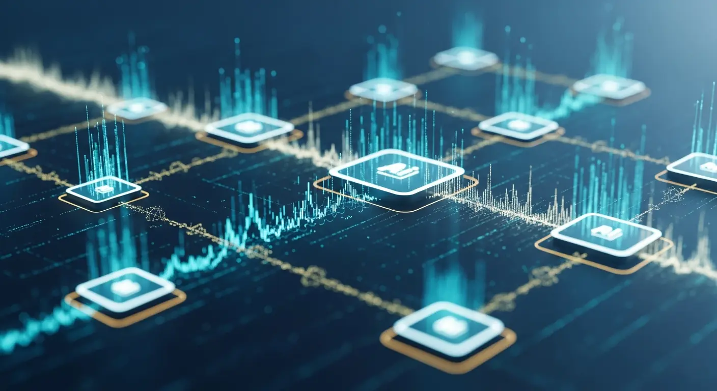 Enterprise AI network visualization showing interconnected AI agents and data flows - AI predictions 2026