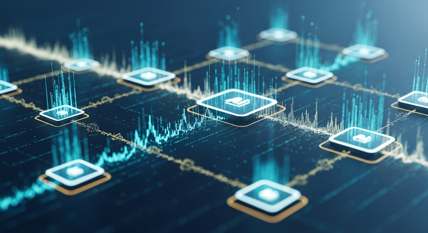 Enterprise AI network visualization showing interconnected AI agents and data flows - AI predictions 2026