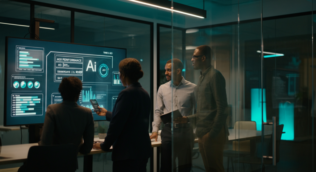 Business executives reviewing AI ROI metrics in modern boardroom