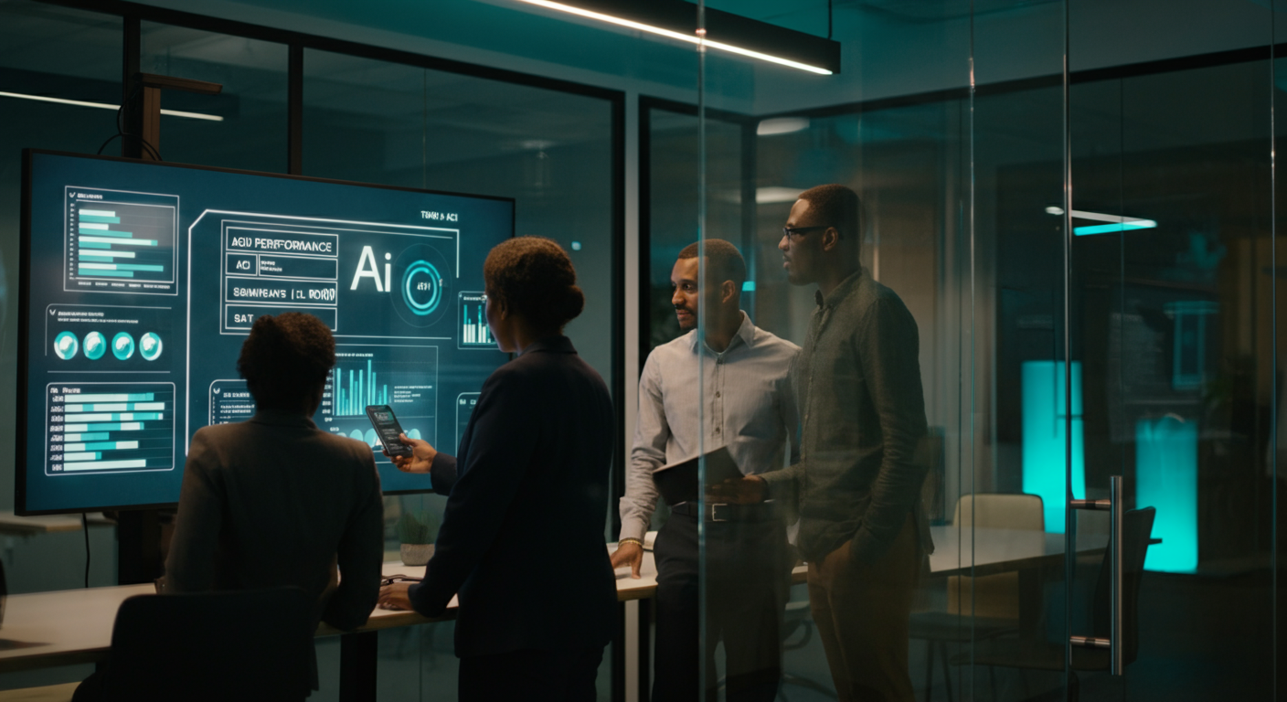 Business executives reviewing AI ROI metrics in modern boardroom