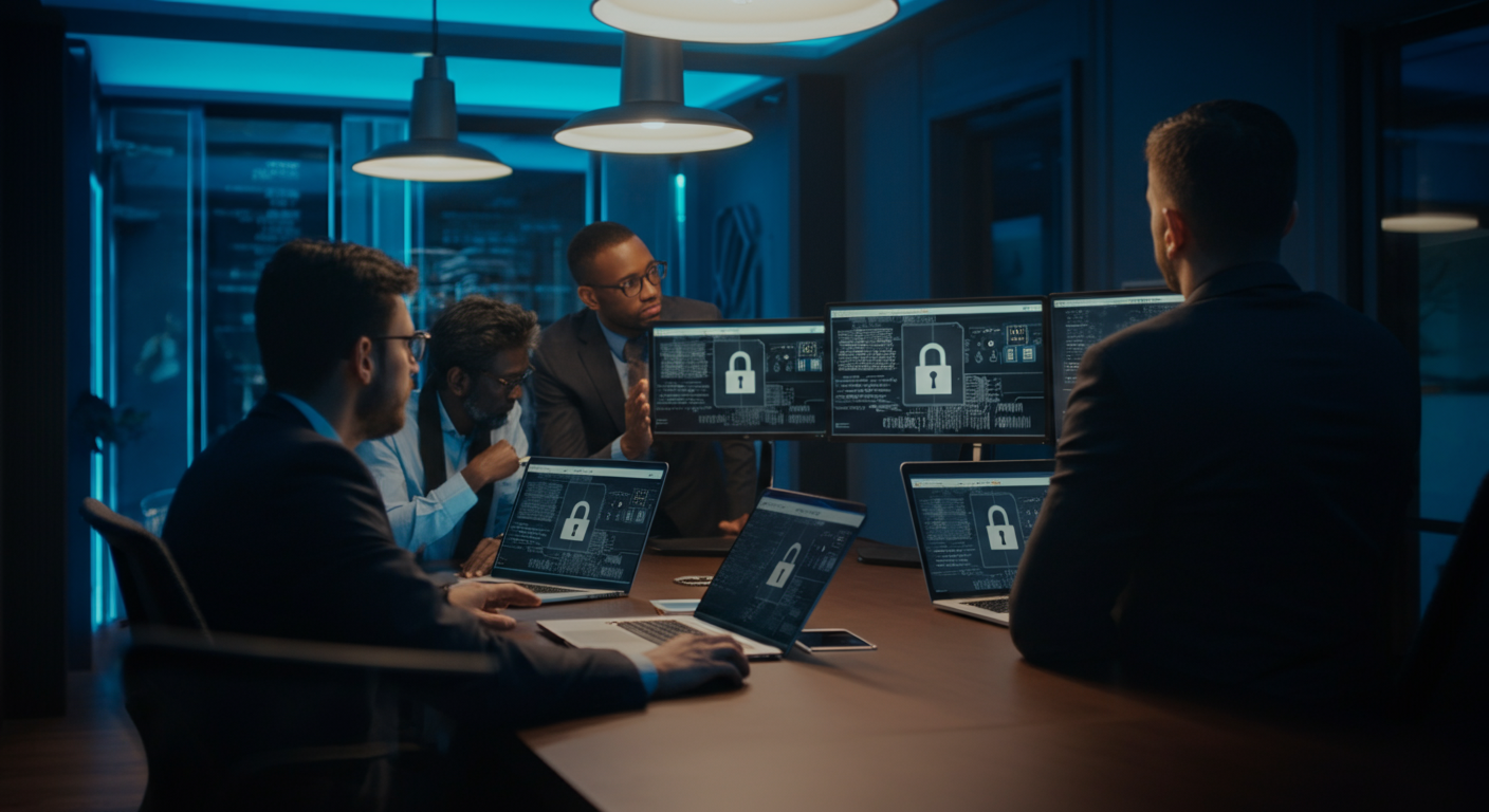 Security team discussing AI governance in corporate boardroom