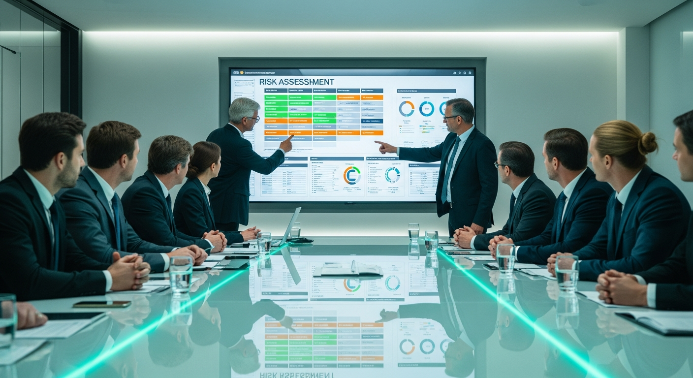 Diverse executive team analyzing AI risk heatmap data on screens