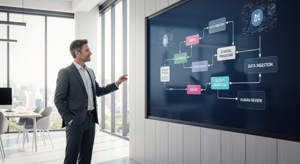 CTO reviewing agentic AI workflow automation diagrams on screen in modern office