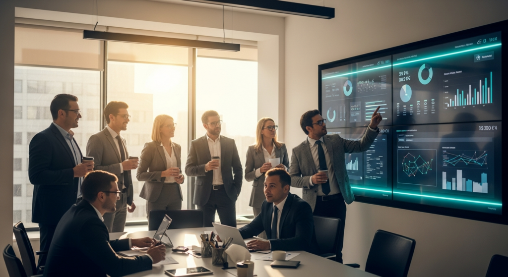 Diverse team of business executives reviewing AI metrics on display - AI ROI measurement for 2026