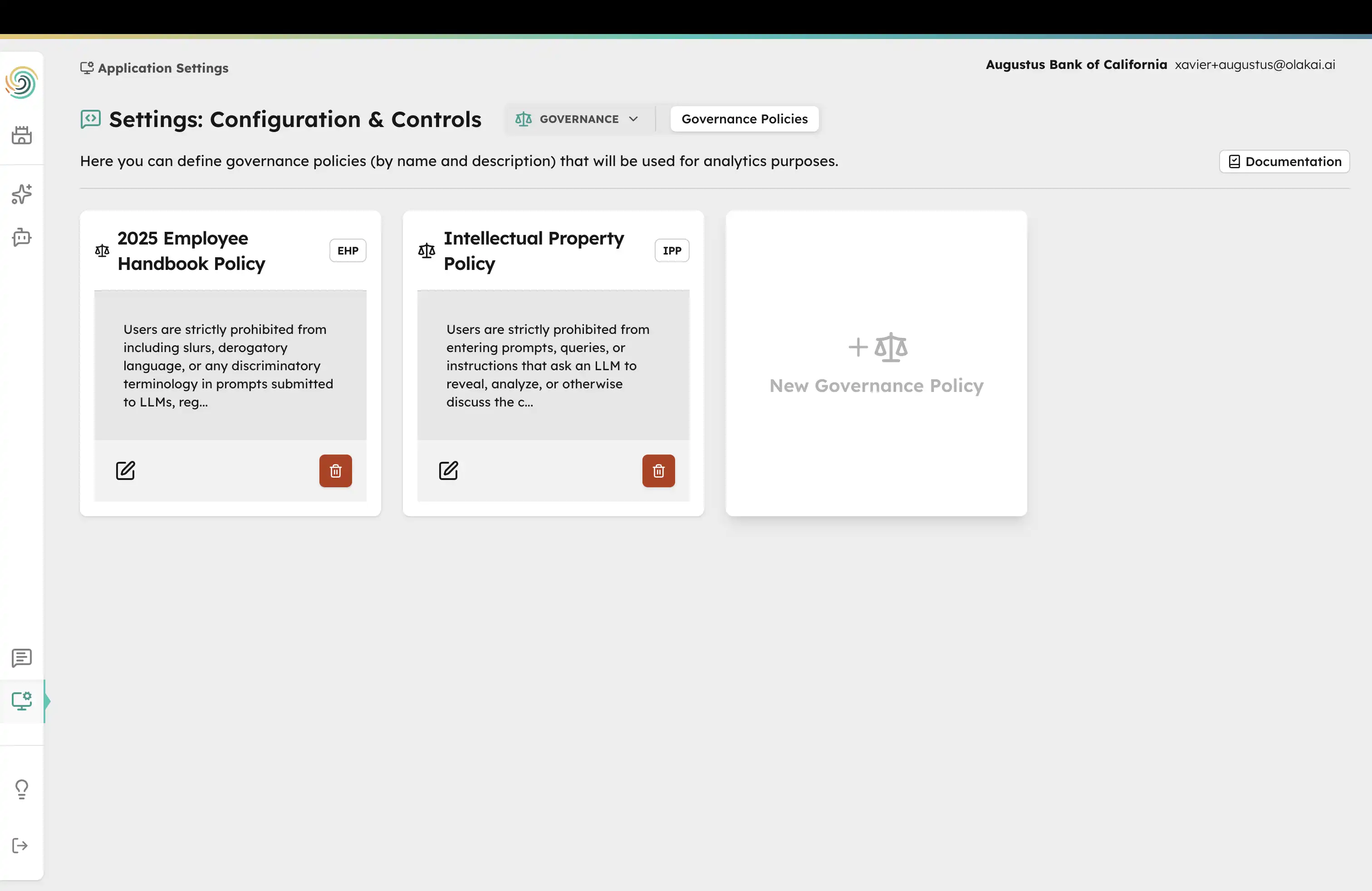 Olakai governance policy configuration showing employee handbook and intellectual property policies with edit and delete controls
