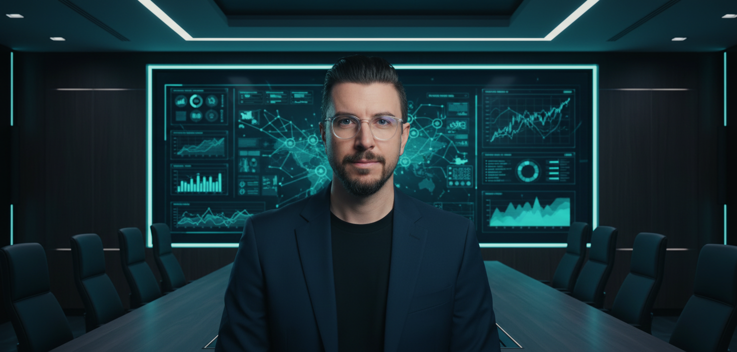 Enterprise AI leader reviewing agent ROI metrics on data dashboard