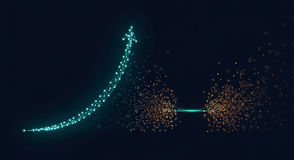 Enterprise AI revenue gap visualization — ascending investment fragmenting into scattered returns