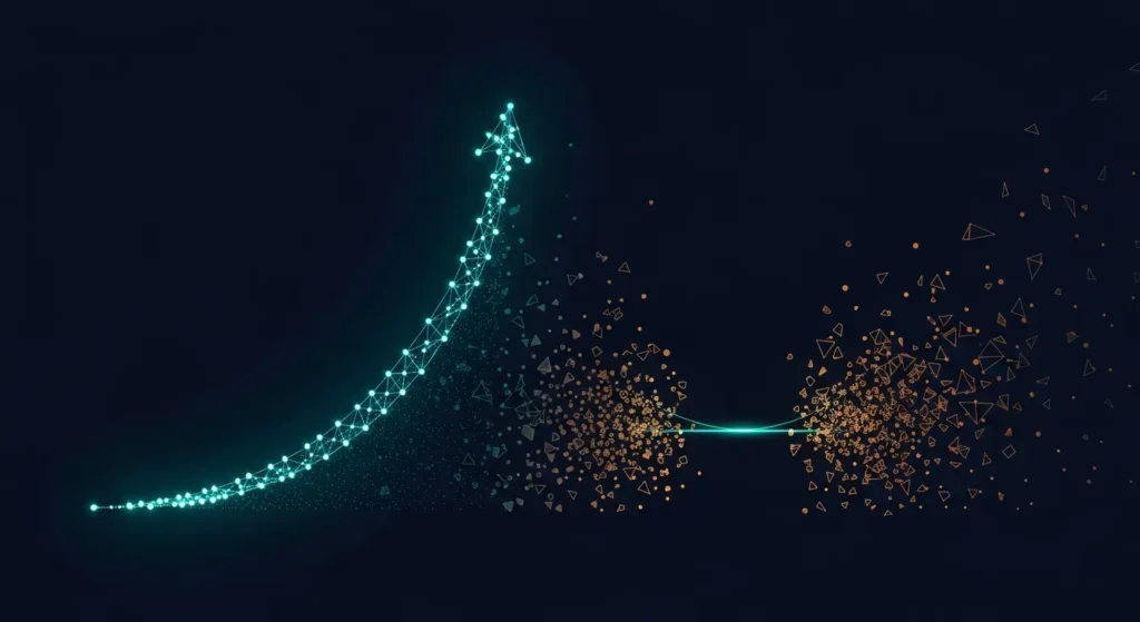 Enterprise AI revenue gap visualization — ascending investment fragmenting into scattered returns