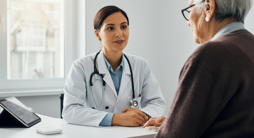 Physician using ambient voice AI during patient consultation in modern exam room