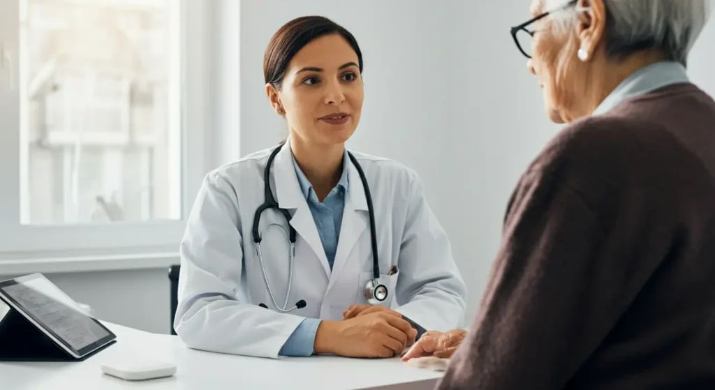 Physician using ambient voice AI during patient consultation in modern exam room