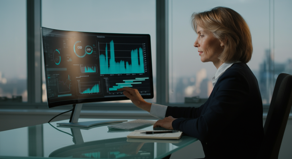 Enterprise leader exploring agentic AI analytics dashboard in modern corner office