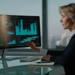 Enterprise leader exploring agentic AI analytics dashboard in modern corner office