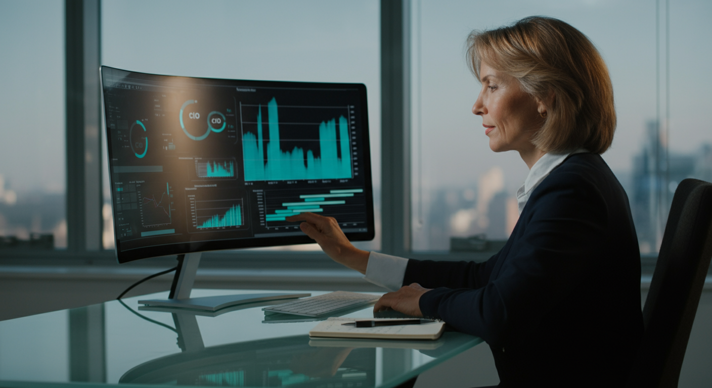 Enterprise leader exploring agentic AI analytics dashboard in modern corner office