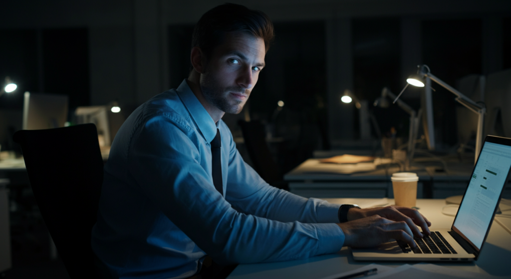 Employee using unauthorized AI tools alone in dark office after hours — shadow AI risk