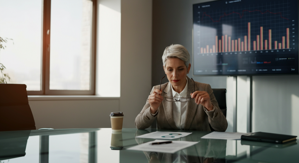 Executive analyzing AI investment data with performance charts in modern boardroom