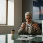 Executive analyzing AI investment data with performance charts in modern boardroom
