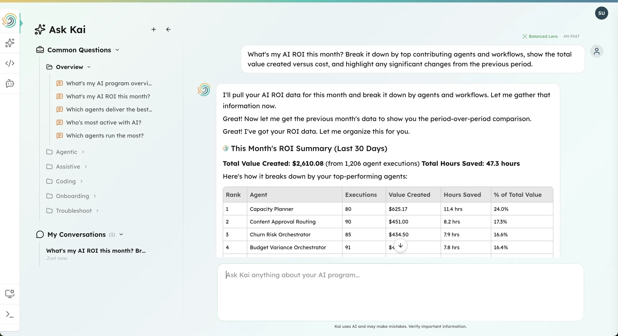 Kai answering 'What is our AI ROI this quarter?' with reasoning