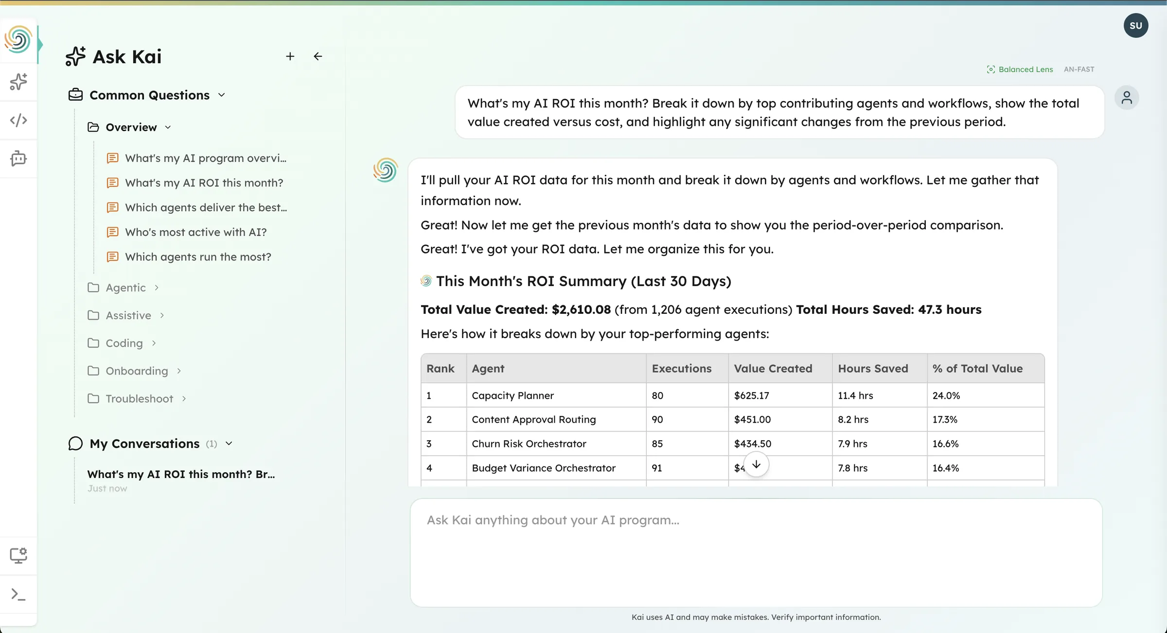 Kai answering 'Where is shadow AI hurting us?' with risk surfaces