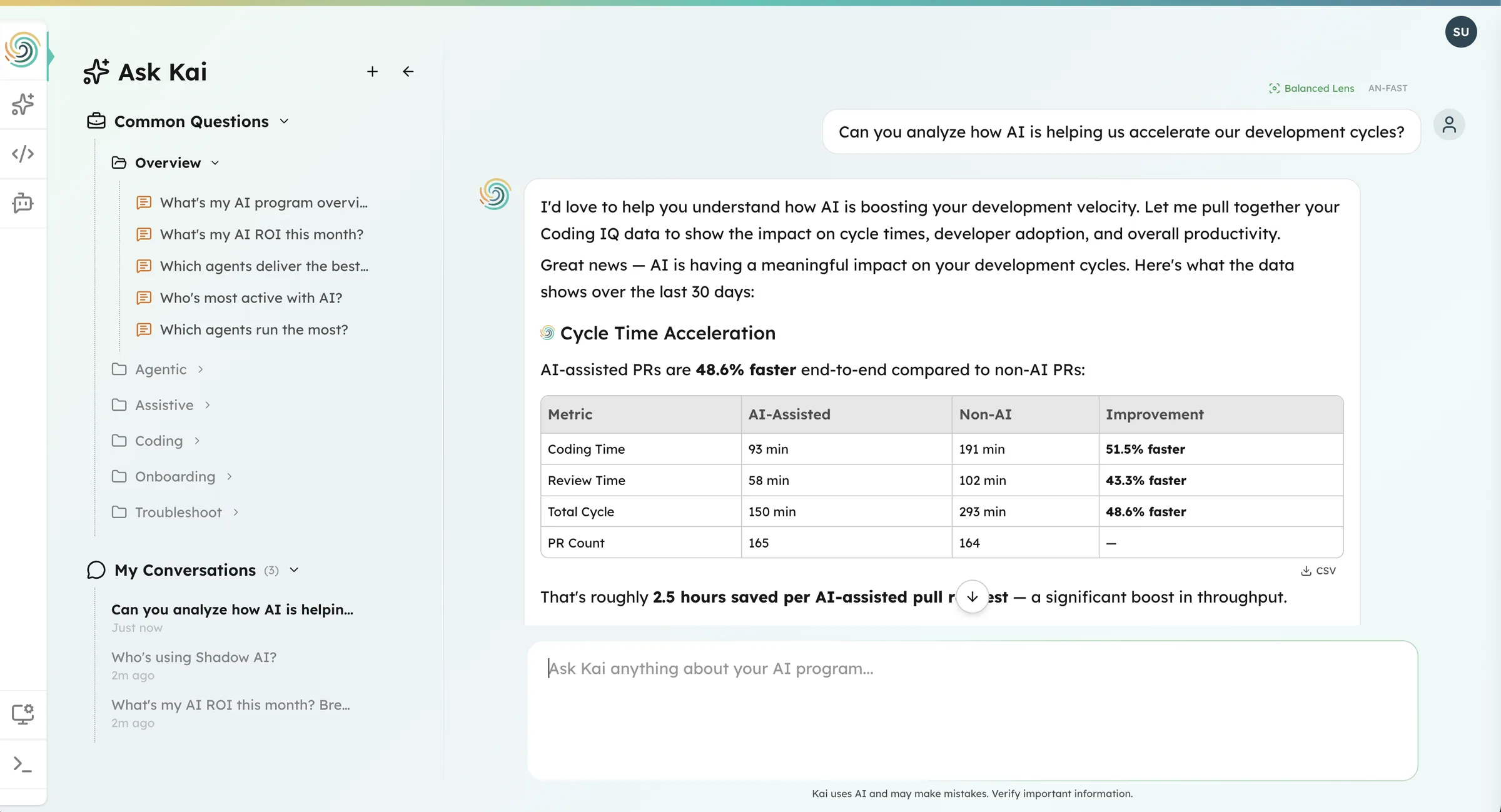 Kai comparing engineering team cycle time deltas from AI coding tools