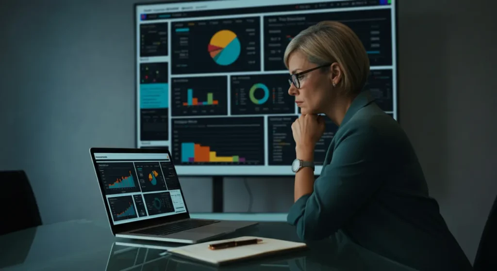 CFO analyzing fragmented AI analytics dashboards in corporate conference room