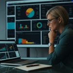 CFO analyzing fragmented AI analytics dashboards in corporate conference room