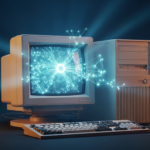 Vintage desktop computer with glowing AI neural network on CRT screen