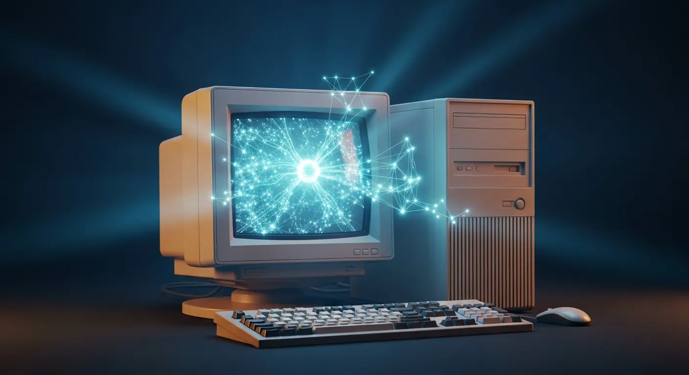 Vintage desktop computer with glowing AI neural network on CRT screen