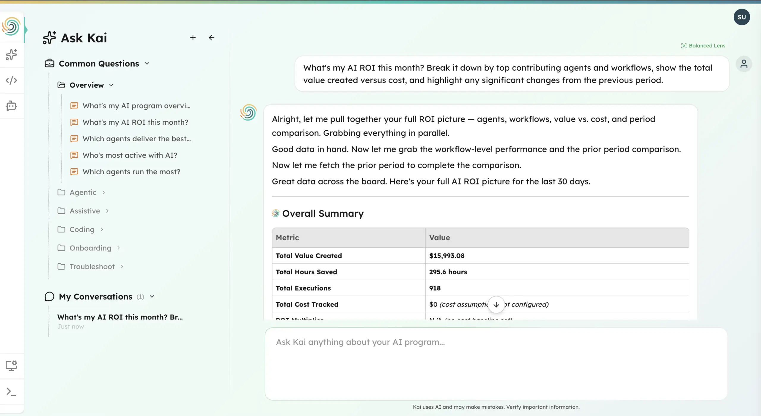Olakai Kai conversational AI assistant answering What is my AI ROI this month with data-backed summary