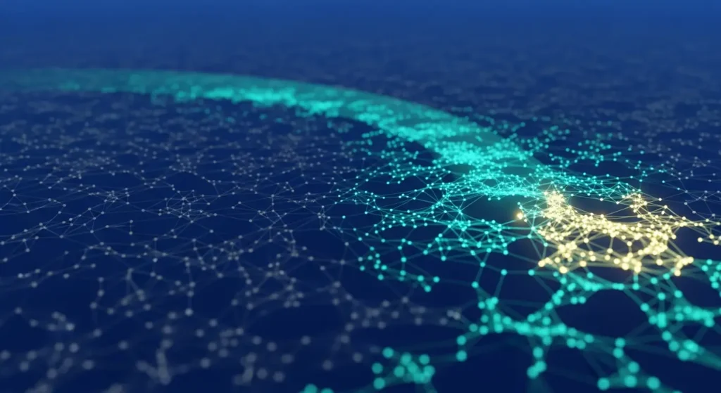 Shadow AI demand signals becoming visible across an enterprise data field with hidden patterns illuminated by detection beam, abstract visualization