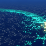 Shadow AI demand signals becoming visible across an enterprise data field with hidden patterns illuminated by detection beam, abstract visualization