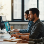 Enterprise team at competing workstations in an open-plan office, racing to use AI chat tools — illustrating the tokenmaxxing productivity race