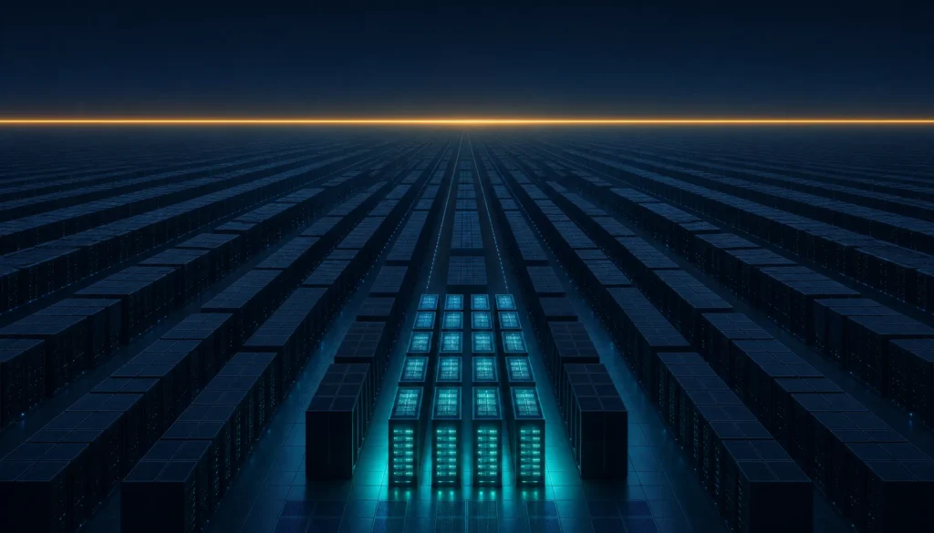 Vast server farm receding to a horizon with only a small cluster glowing — capacity exists but compute is rationed