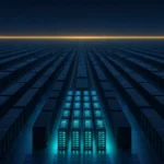Vast server farm receding to a horizon with only a small cluster glowing — capacity exists but compute is rationed