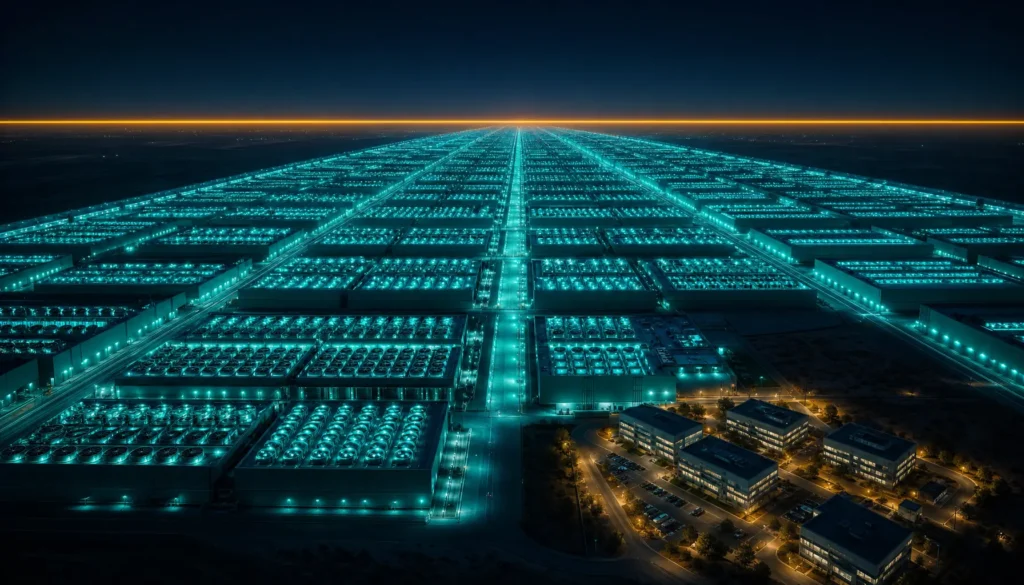 Massive teal data center campus dwarfing a small dim grid of office buildings — AI capex absorbing scale