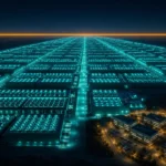 Massive teal data center campus dwarfing a small dim grid of office buildings — AI capex absorbing scale