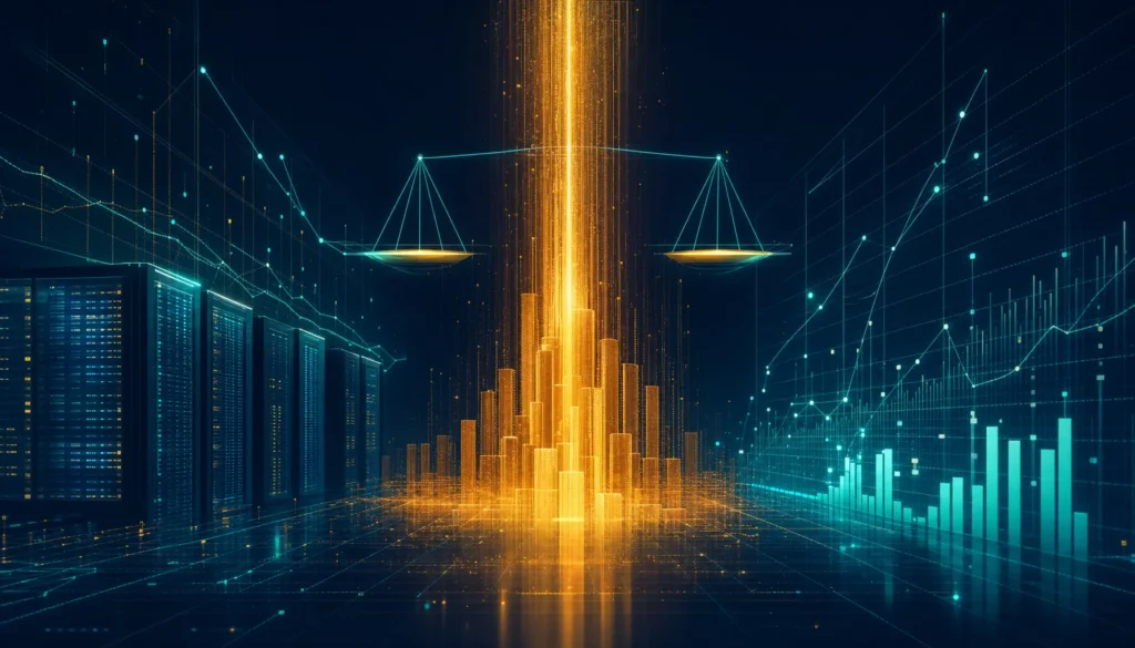 Abstract visualization of enterprise AI capital spending measured against return metrics
