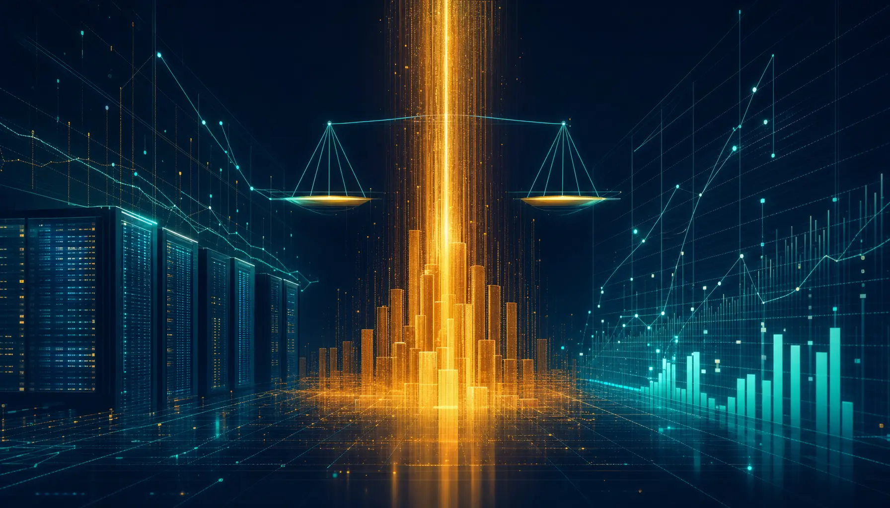 Abstract visualization of enterprise AI capital spending measured against return metrics