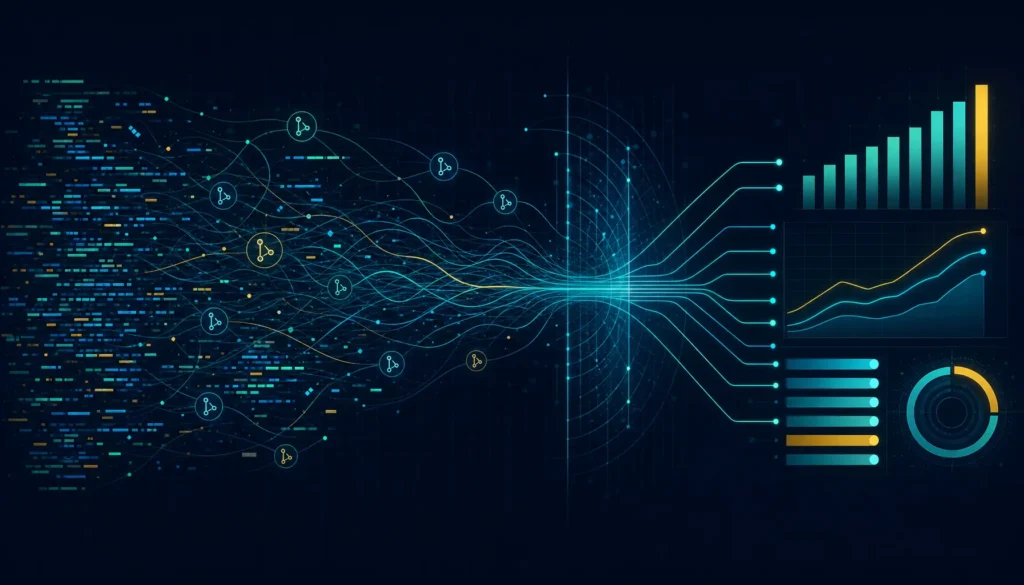 AI coding activity resolving into measured engineering outcome metrics on a dashboard