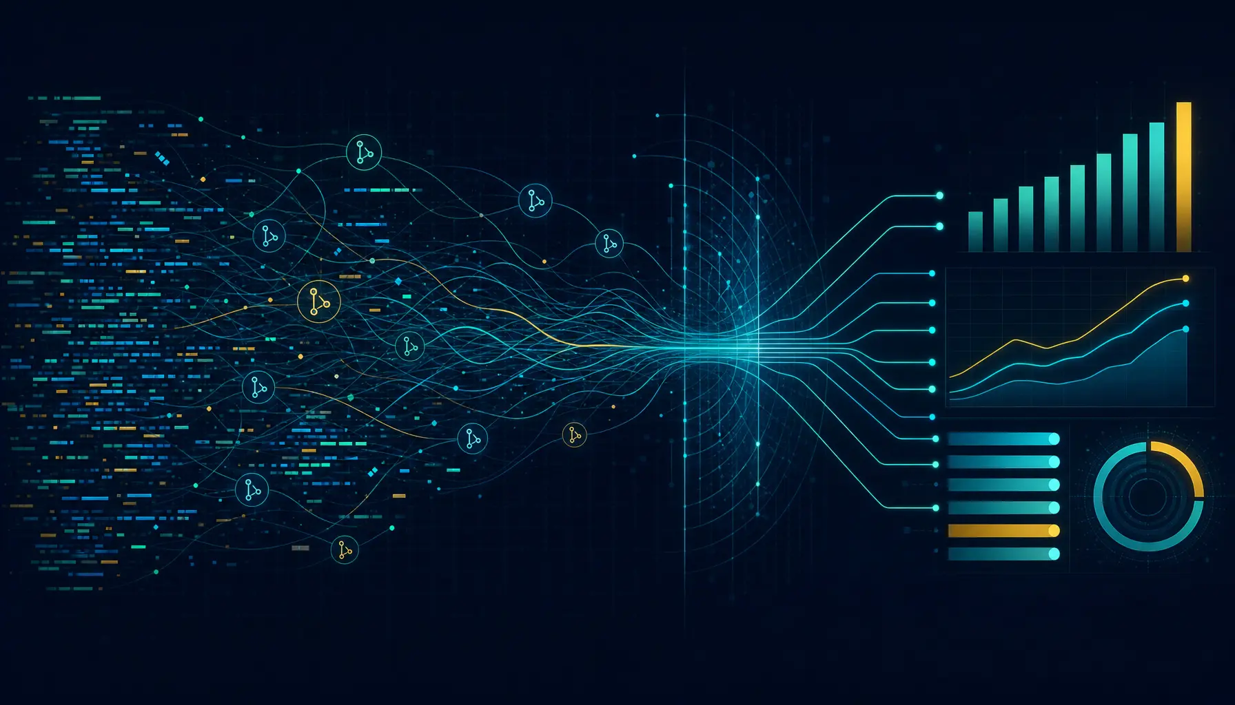 AI coding activity resolving into measured engineering outcome metrics on a dashboard