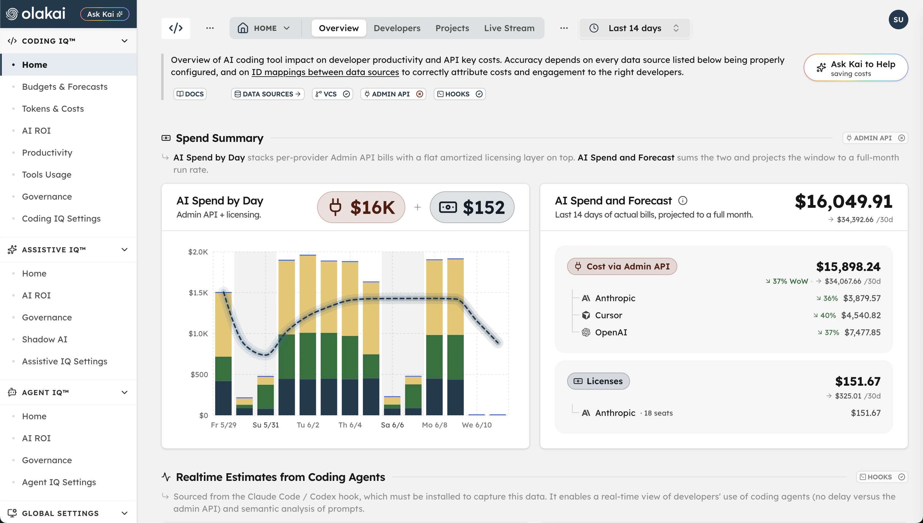 Coding IQ home dashboard showing AI coding tool spend, adoption by team, and run-rate forecast for engineering teams