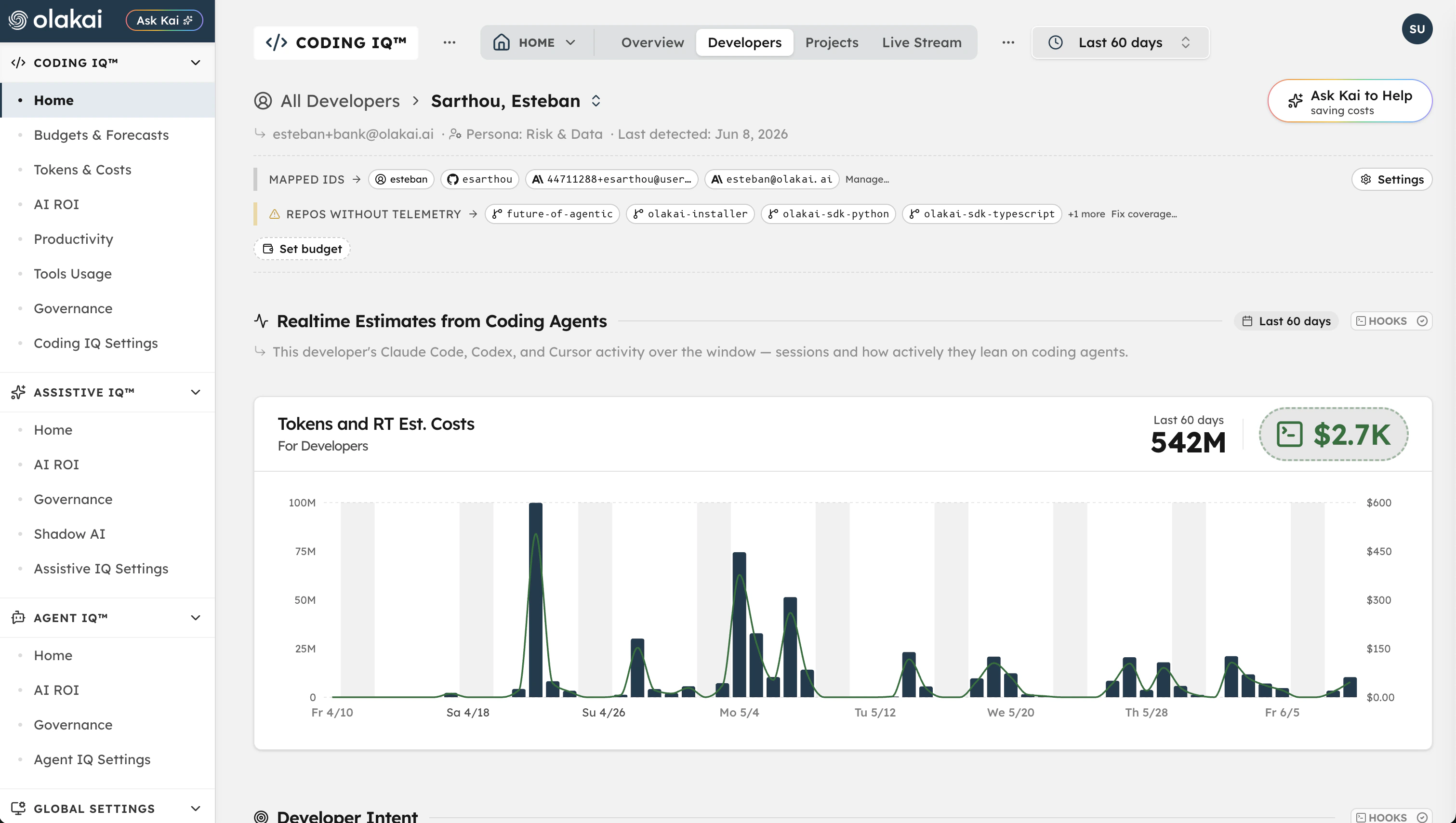 Coding IQ developer view — per-developer tokens, real-time estimated cost, and coding-agent activity