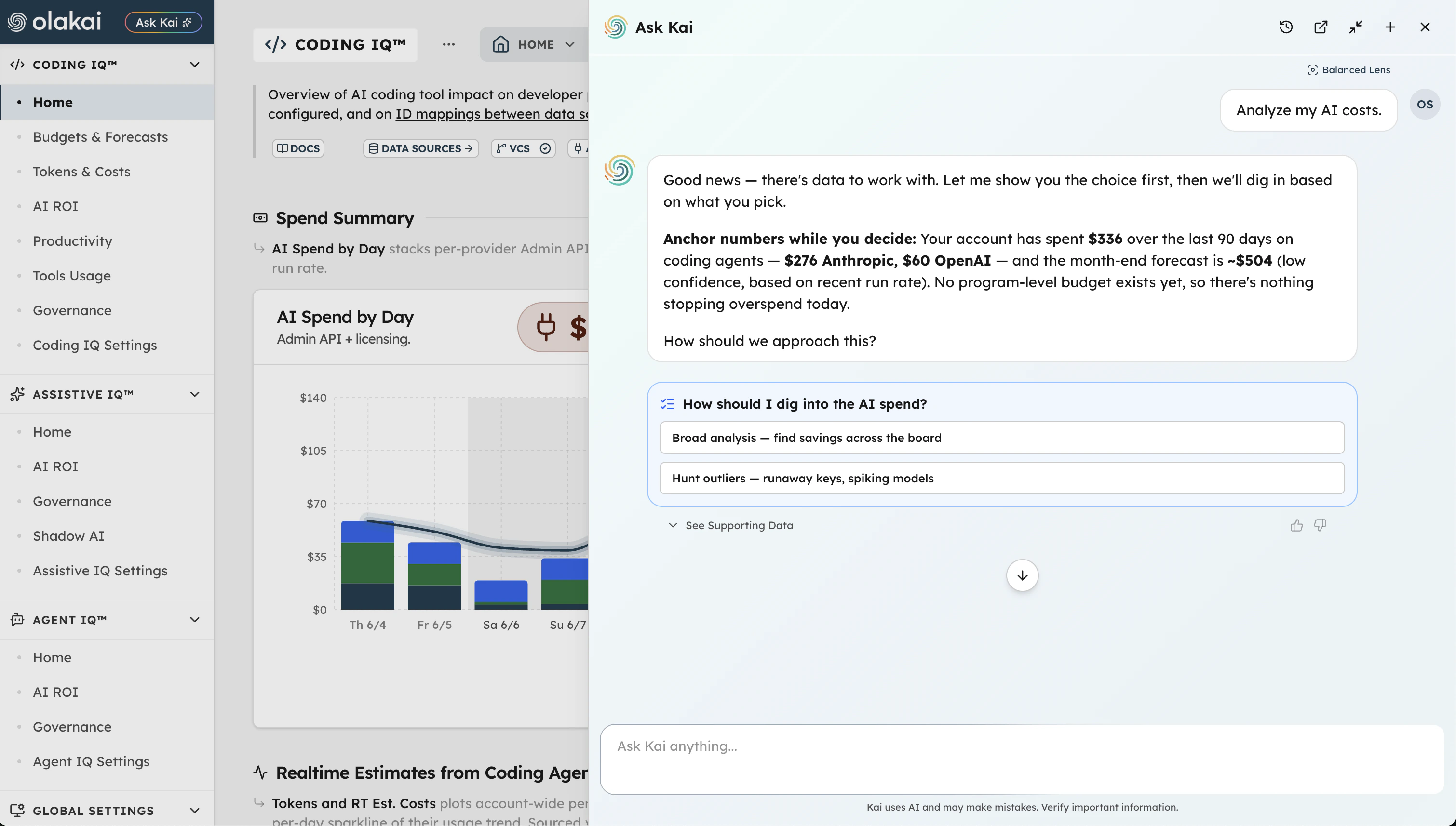 Kai analyzing AI costs with a reasoned, data-backed breakdown of spend