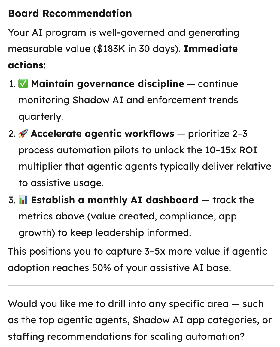 Kai delivering a board recommendation — governance health, measurable value created, and prioritized next actions