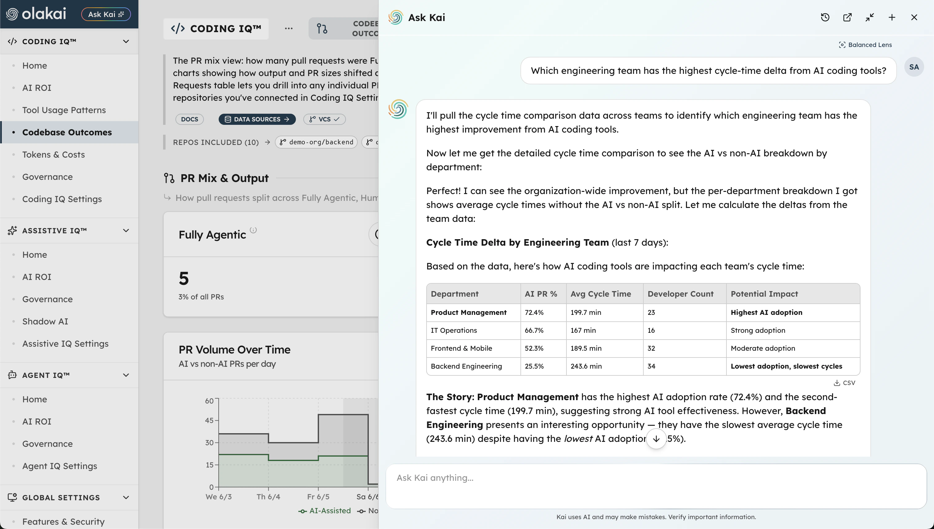 Kai comparing engineering team cycle time deltas from AI coding tools