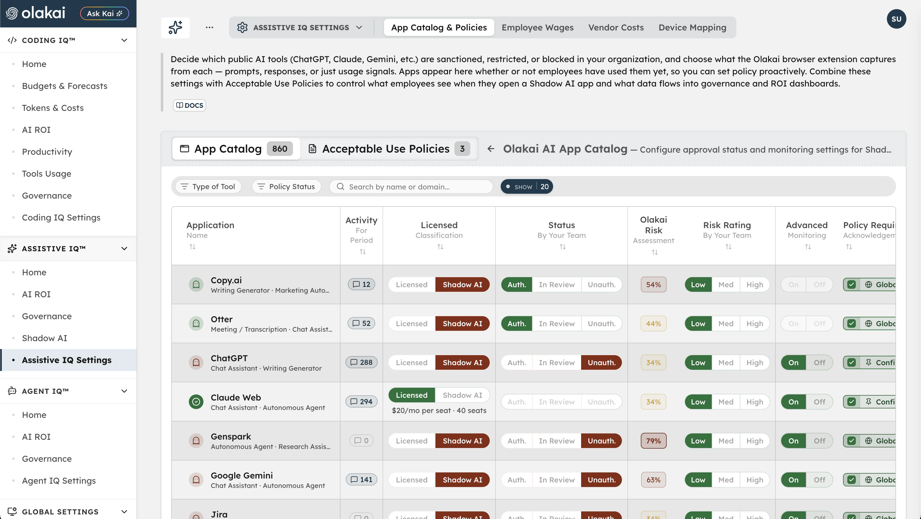 Olakai shadow AI controls showing acceptable-use policies with approved, monitored, and blocked AI tools and risk scoring
