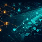 Shadow AI nodes hidden in an enterprise network revealed by teal detection beams