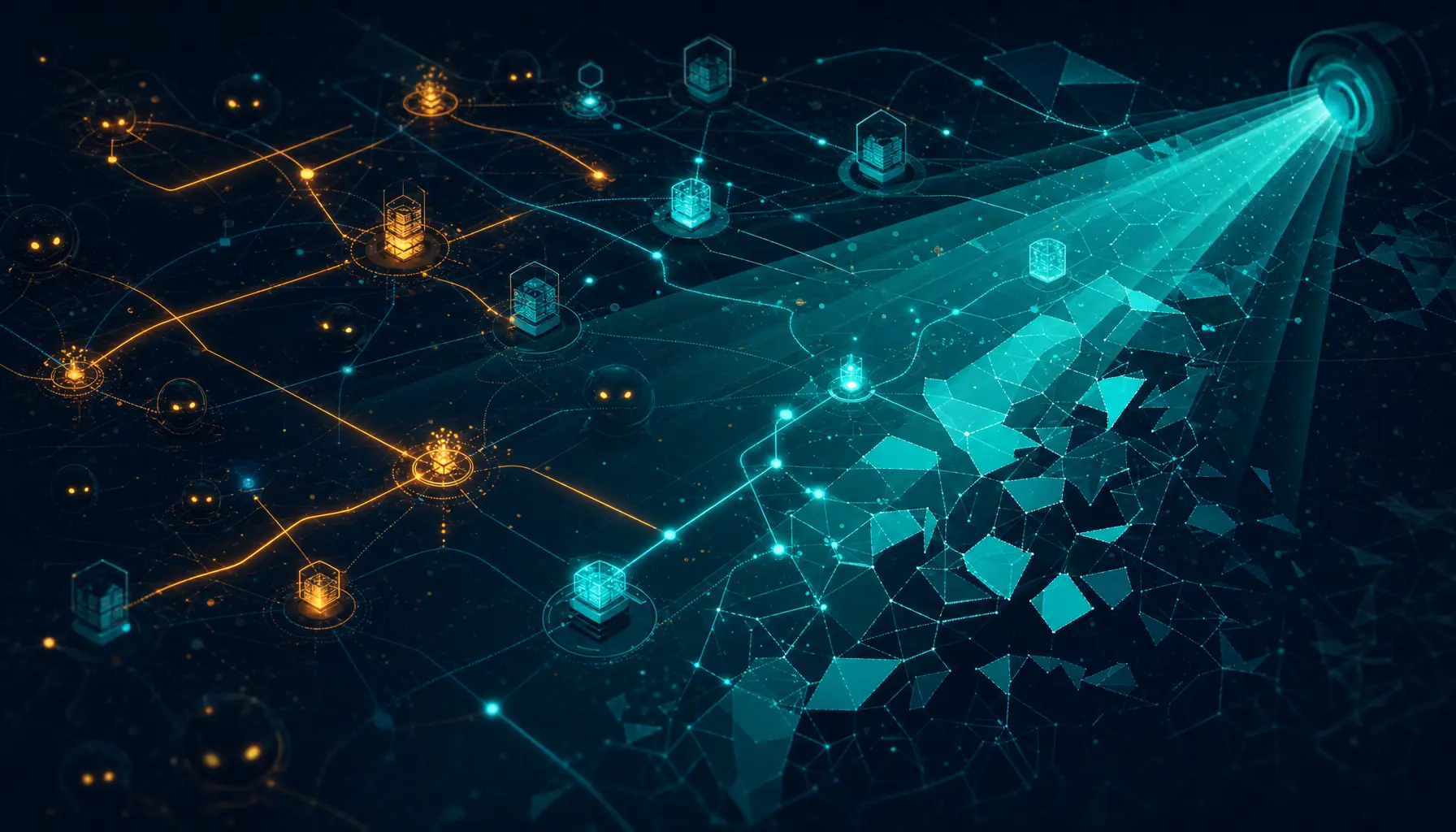 Shadow AI nodes hidden in an enterprise network revealed by teal detection beams