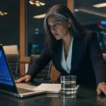 CFO analyzing rising AI token costs on laptop in boardroom at night