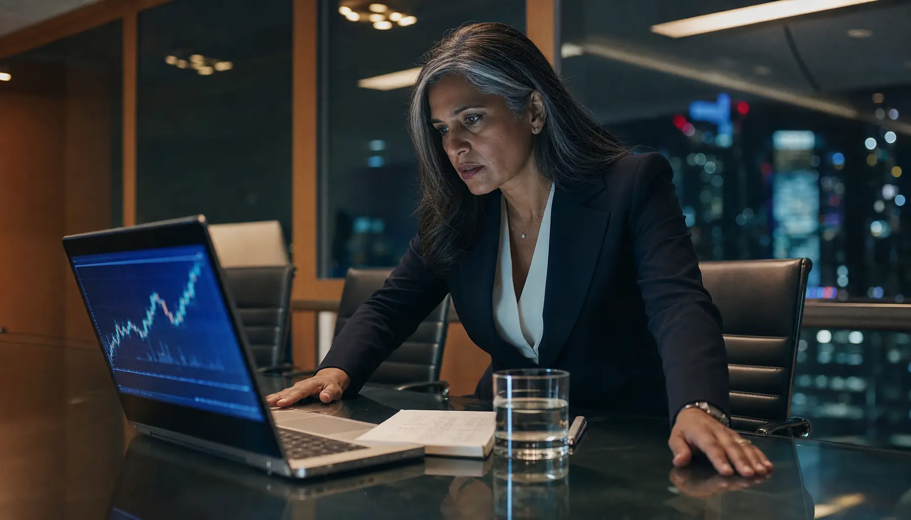 CFO analyzing rising AI token costs on laptop in boardroom at night