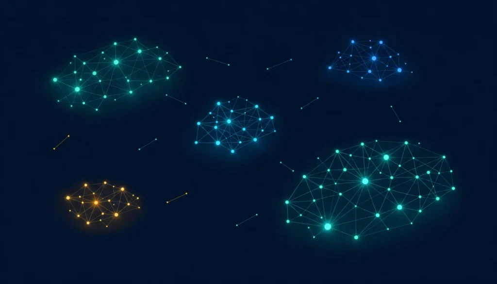 Abstract visualization of fragmented AI coding tool networks with no unified connection between them